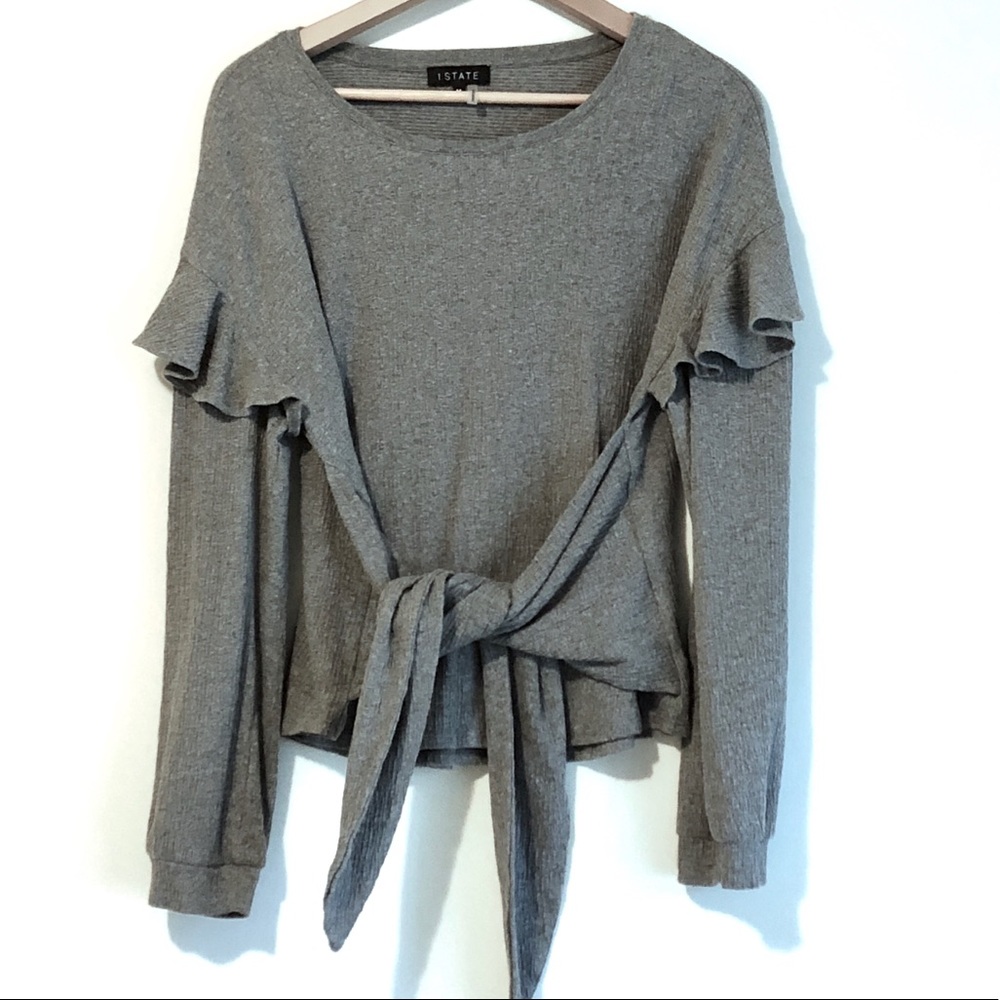 1. State long sleeve tie front gray top
